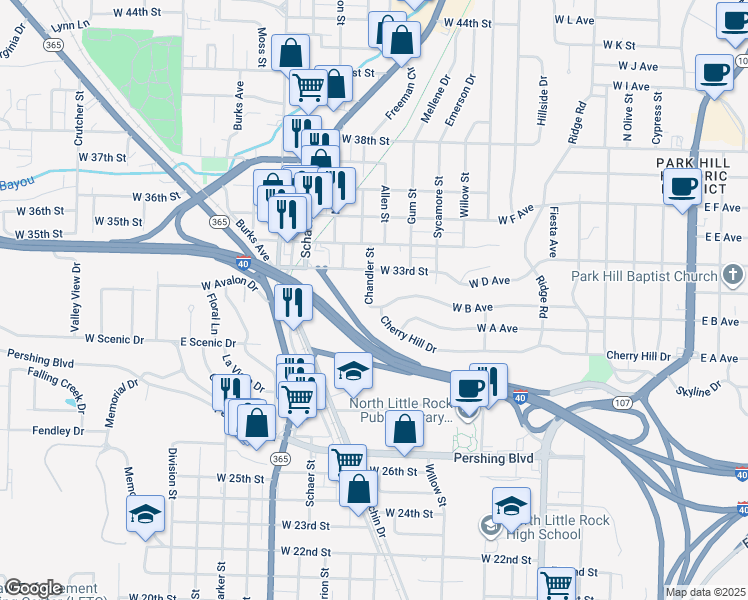 map of restaurants, bars, coffee shops, grocery stores, and more near 1100 Cherry Hill Drive in North Little Rock