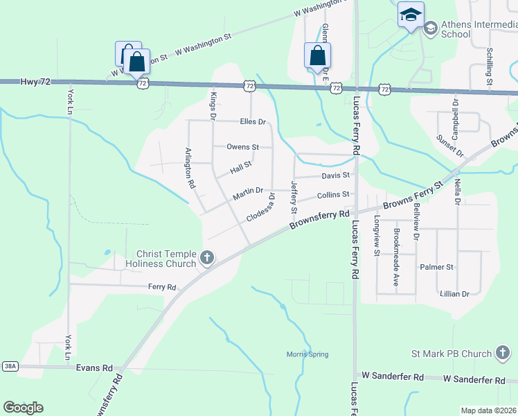 map of restaurants, bars, coffee shops, grocery stores, and more near 15425 Clodessa Drive in Athens