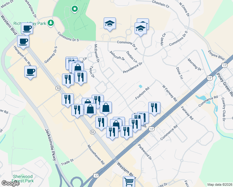 map of restaurants, bars, coffee shops, grocery stores, and more near 2050 Derby Run Road in Jacksonville