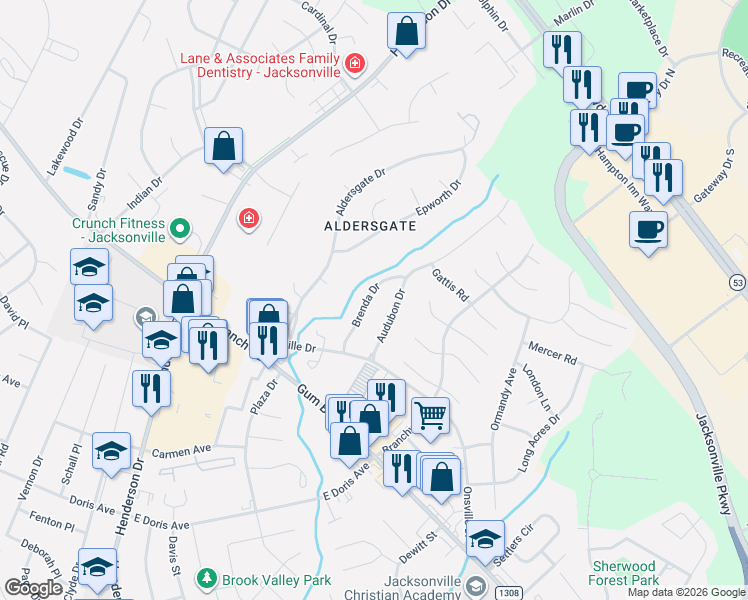 map of restaurants, bars, coffee shops, grocery stores, and more near 153 Brenda Drive in Jacksonville