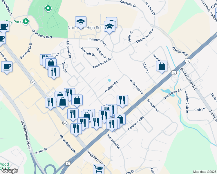 map of restaurants, bars, coffee shops, grocery stores, and more near 3025 Foxhorn Road in Jacksonville