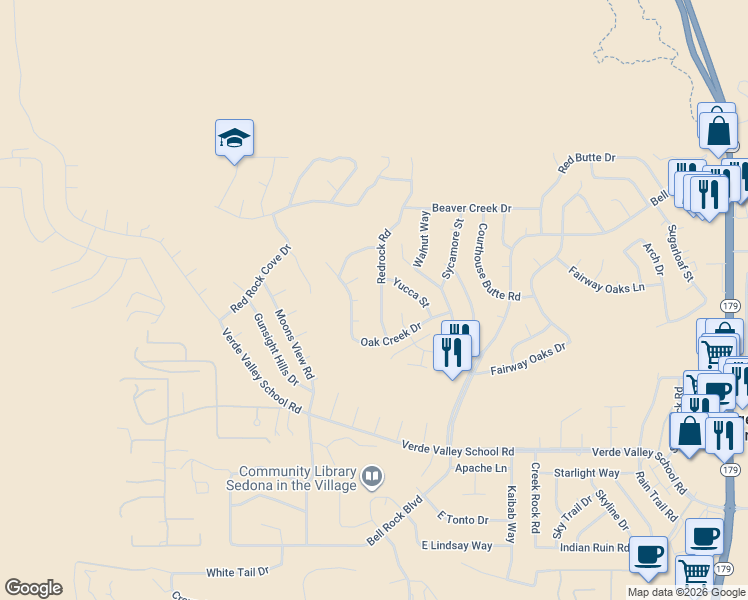 map of restaurants, bars, coffee shops, grocery stores, and more near 85 Redrock Road in Sedona