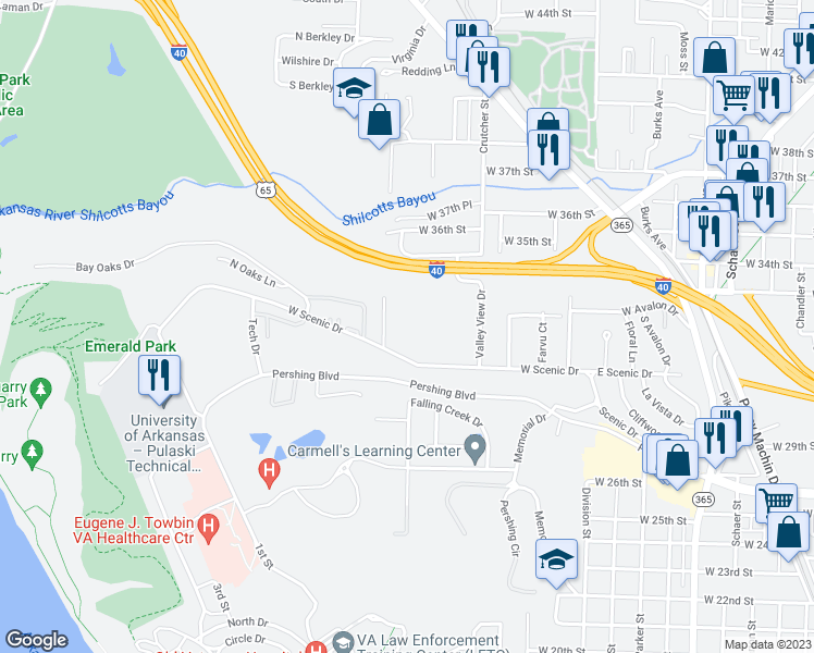 map of restaurants, bars, coffee shops, grocery stores, and more near 521 West Scenic Drive in North Little Rock
