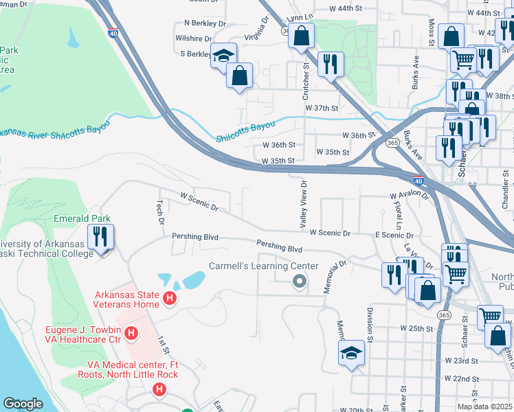 map of restaurants, bars, coffee shops, grocery stores, and more near 521 West Scenic Drive in North Little Rock