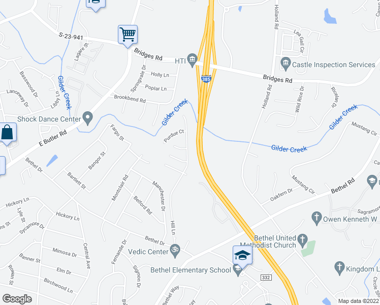 map of restaurants, bars, coffee shops, grocery stores, and more near 308 Hill Lane in Mauldin