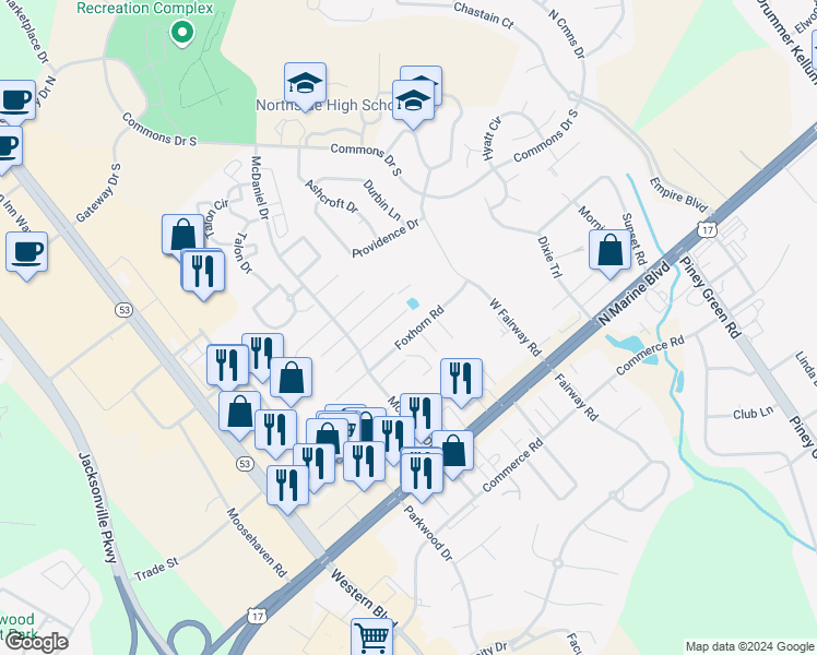 map of restaurants, bars, coffee shops, grocery stores, and more near 3025 Foxhorn Road in Jacksonville