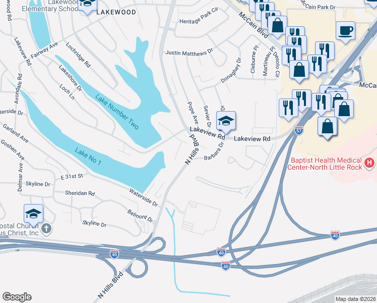 map of restaurants, bars, coffee shops, grocery stores, and more near 12 Belair in North Little Rock