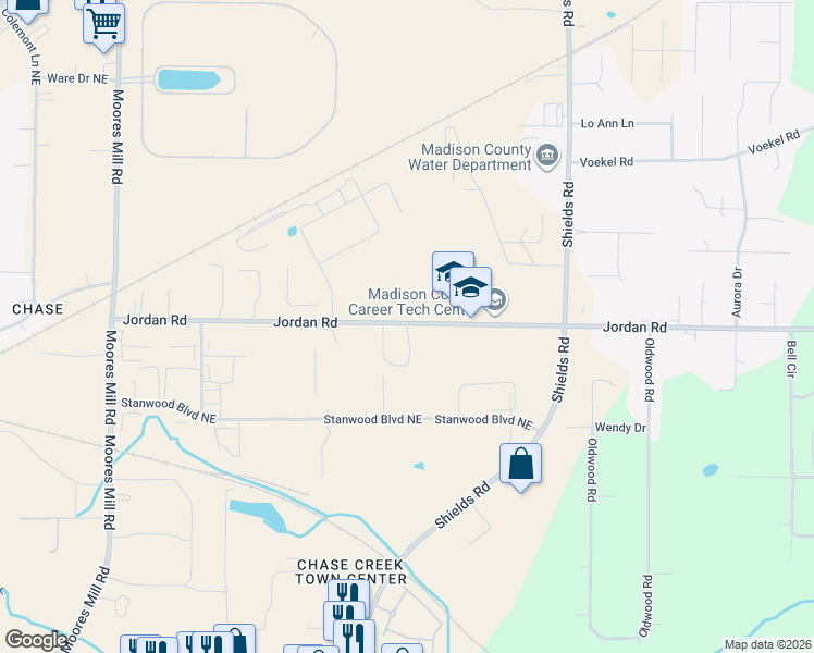 map of restaurants, bars, coffee shops, grocery stores, and more near 1176 Jordan Road in Huntsville