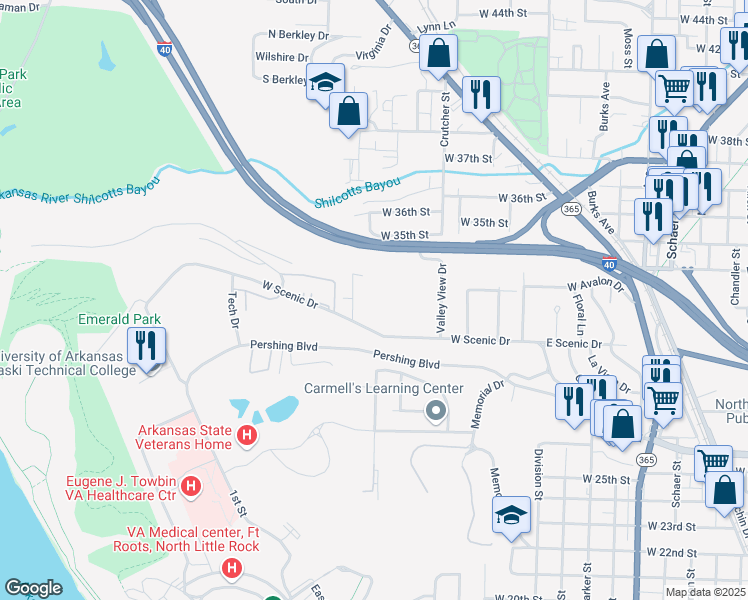 map of restaurants, bars, coffee shops, grocery stores, and more near 118 Parkview Drive in North Little Rock