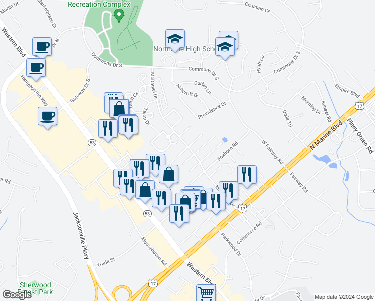 map of restaurants, bars, coffee shops, grocery stores, and more near 2050 Derby Run Road in Jacksonville