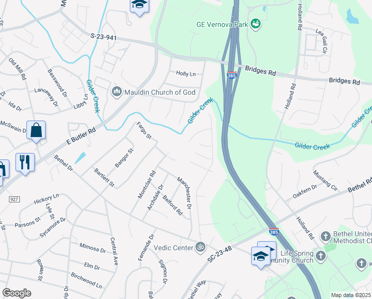 map of restaurants, bars, coffee shops, grocery stores, and more near 29 Purdue Court in Mauldin