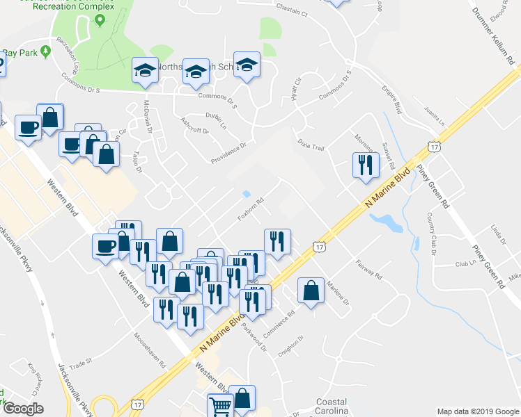 map of restaurants, bars, coffee shops, grocery stores, and more near 3104 Gaitway court in Jacksonville