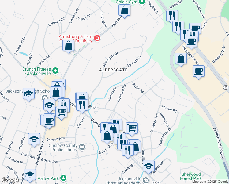 map of restaurants, bars, coffee shops, grocery stores, and more near 154 Brenda Drive in Jacksonville