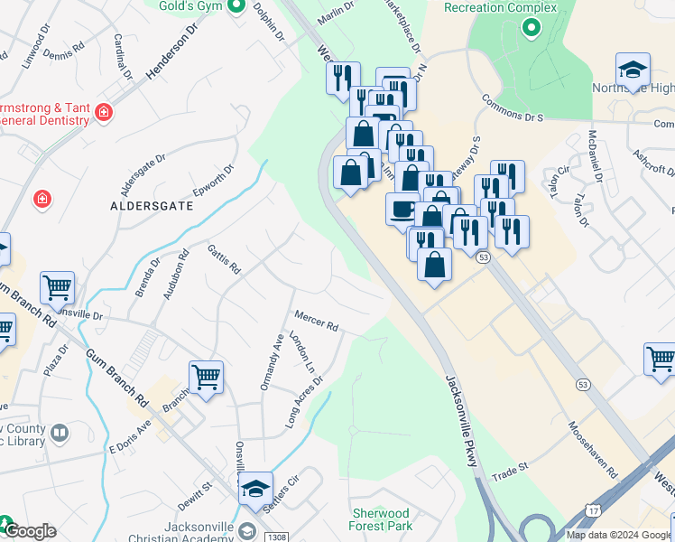 map of restaurants, bars, coffee shops, grocery stores, and more near 1030 Massey Road in Jacksonville