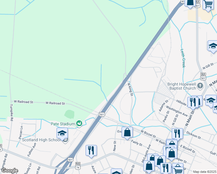 map of restaurants, bars, coffee shops, grocery stores, and more near 15860 Scotland High Road in Laurinburg