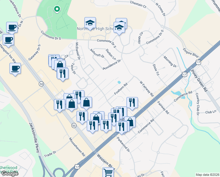 map of restaurants, bars, coffee shops, grocery stores, and more near 3010 East Windgate Court in Jacksonville