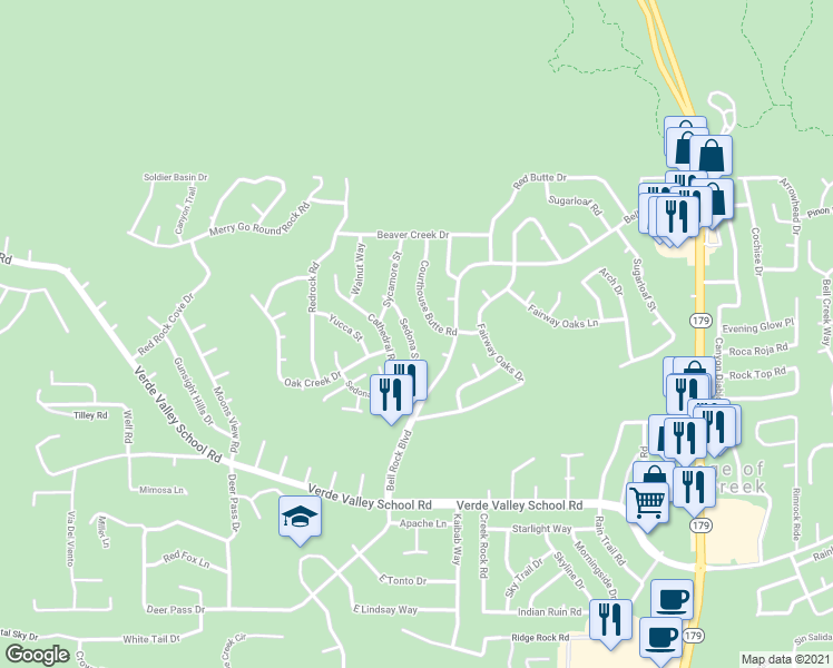 map of restaurants, bars, coffee shops, grocery stores, and more near 90 Sedona Street in Sedona