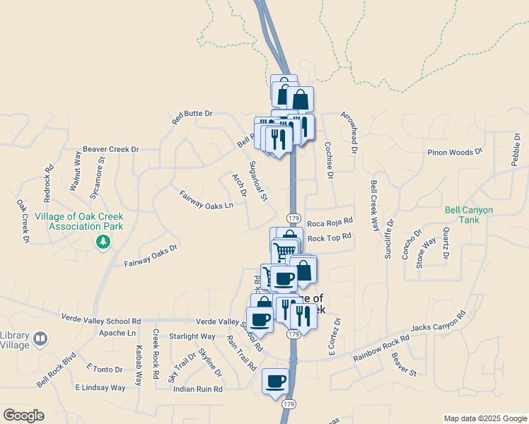 map of restaurants, bars, coffee shops, grocery stores, and more near 15 Manzanita Road in Sedona