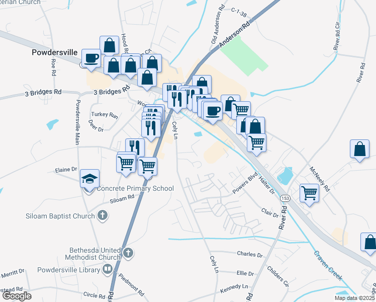map of restaurants, bars, coffee shops, grocery stores, and more near 115 Cely Lane in Piedmont
