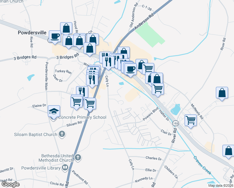 map of restaurants, bars, coffee shops, grocery stores, and more near 115 Cely Lane in Piedmont