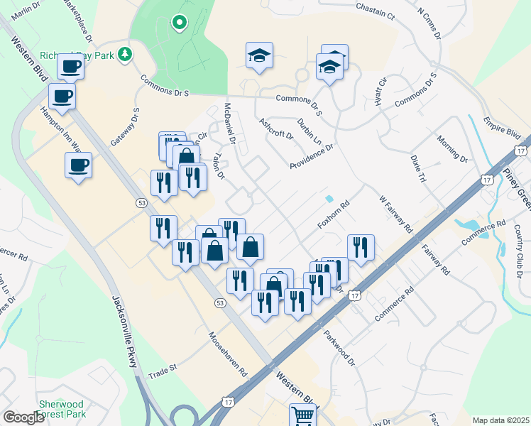 map of restaurants, bars, coffee shops, grocery stores, and more near 2050 Derby Run Road in Jacksonville