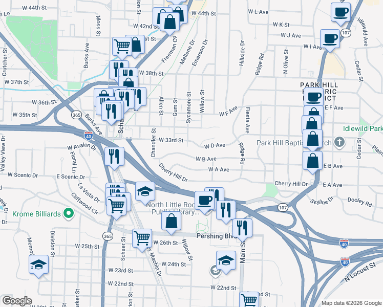 map of restaurants, bars, coffee shops, grocery stores, and more near 909 West B Avenue in North Little Rock
