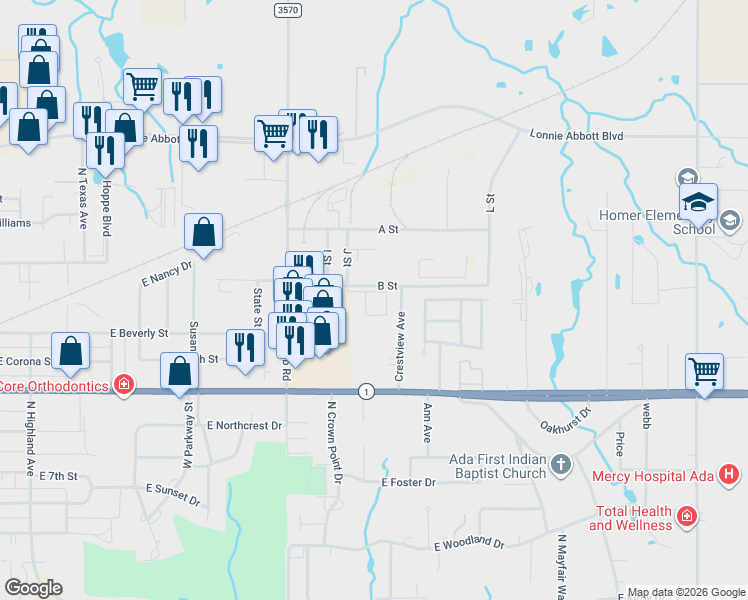 map of restaurants, bars, coffee shops, grocery stores, and more near 2001 B Street in Ada
