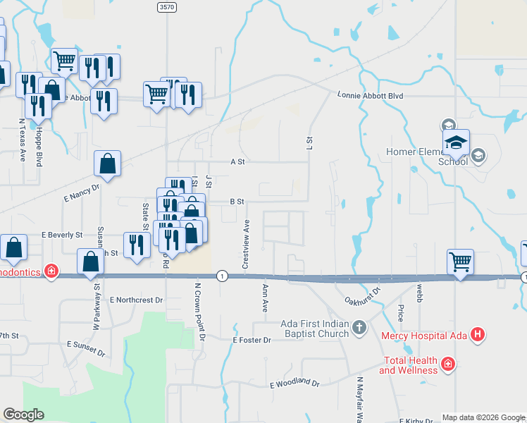 map of restaurants, bars, coffee shops, grocery stores, and more near 2116 East Bent Tree Drive in Ada