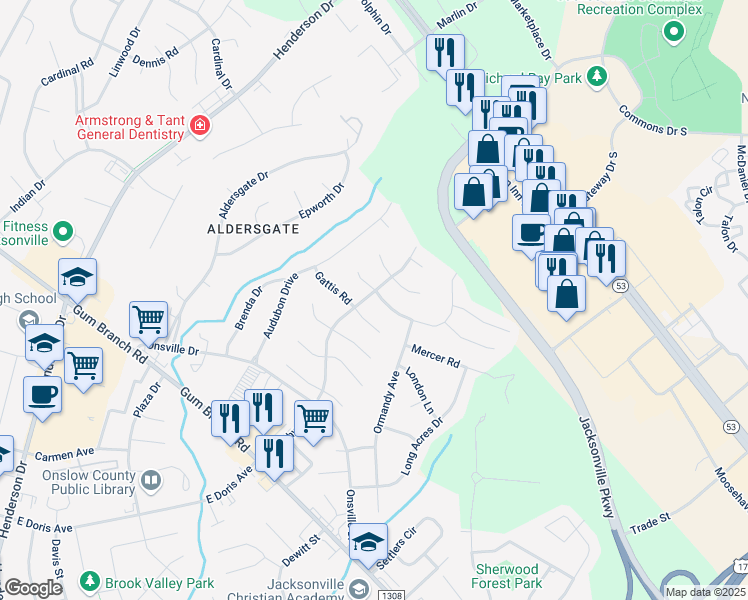 map of restaurants, bars, coffee shops, grocery stores, and more near 232 Branchwood Drive in Jacksonville