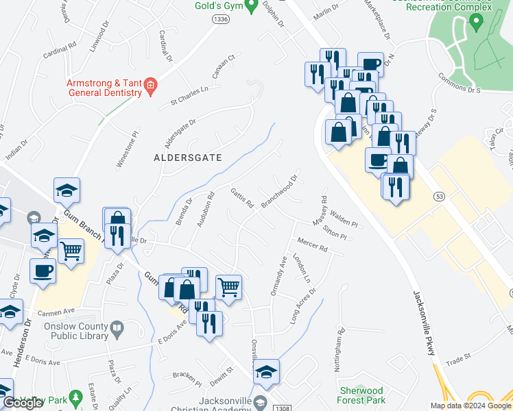 map of restaurants, bars, coffee shops, grocery stores, and more near 229 Branchwood Drive in Jacksonville