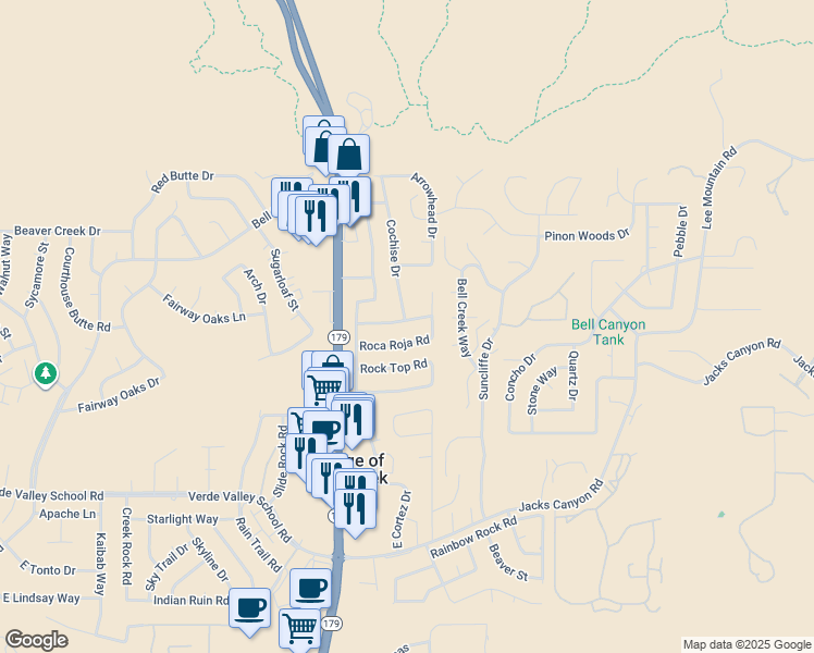 map of restaurants, bars, coffee shops, grocery stores, and more near 90 Evening Glow Place in Sedona