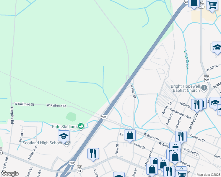 map of restaurants, bars, coffee shops, grocery stores, and more near 15860 Scotland High Road in Laurinburg