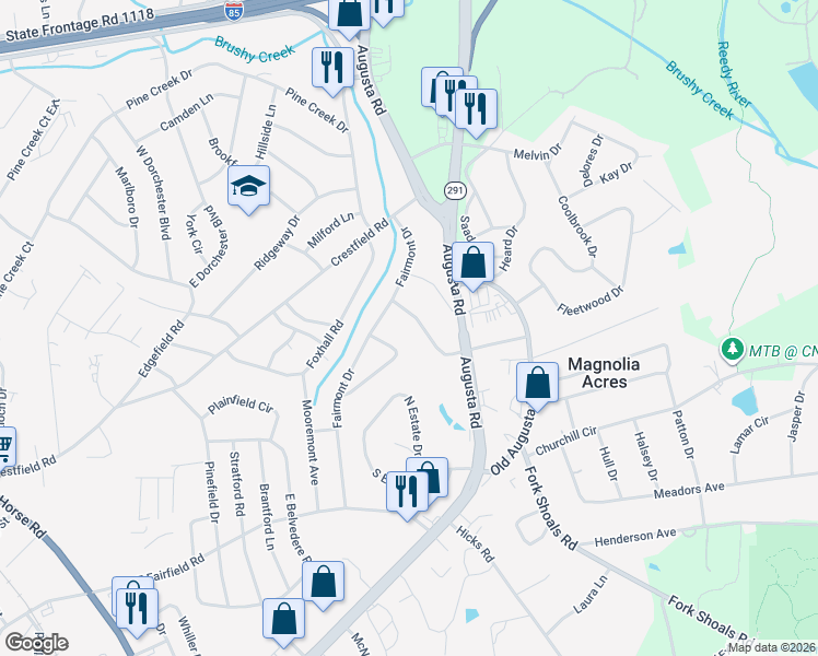 map of restaurants, bars, coffee shops, grocery stores, and more near 131 Woodmont Circle in Greenville