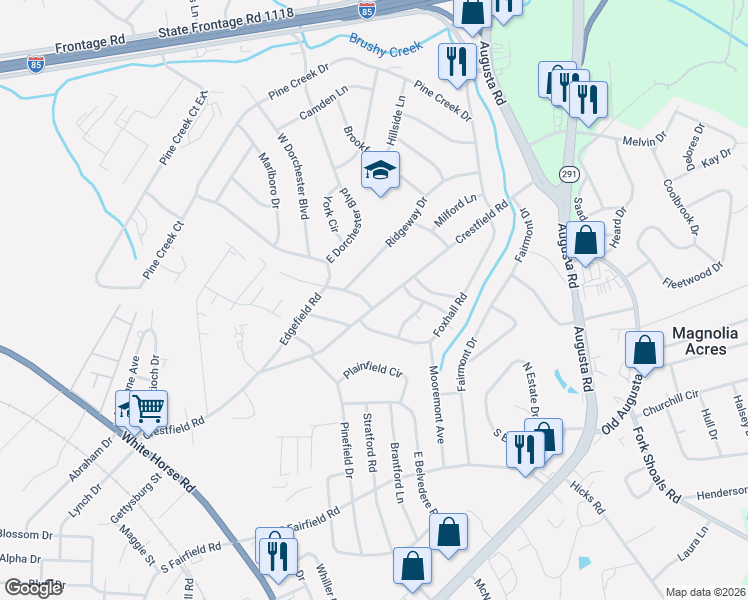 map of restaurants, bars, coffee shops, grocery stores, and more near 305 Crestfield Road in Greenville