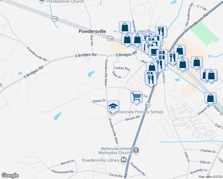 map of restaurants, bars, coffee shops, grocery stores, and more near 227 Cooper Lane in Easley