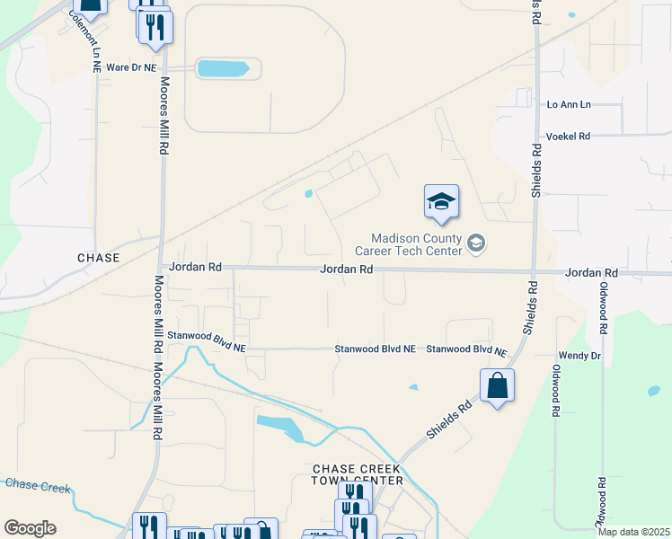 map of restaurants, bars, coffee shops, grocery stores, and more near 2701 Meridian Street North in Huntsville