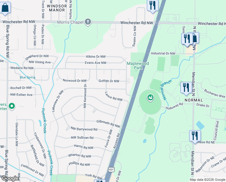 map of restaurants, bars, coffee shops, grocery stores, and more near 4608 Lakeview Drive Northwest in Huntsville