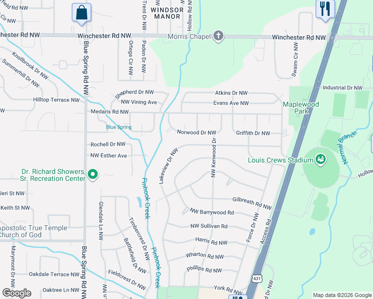 map of restaurants, bars, coffee shops, grocery stores, and more near 4312 Lakeview Drive Northwest in Huntsville
