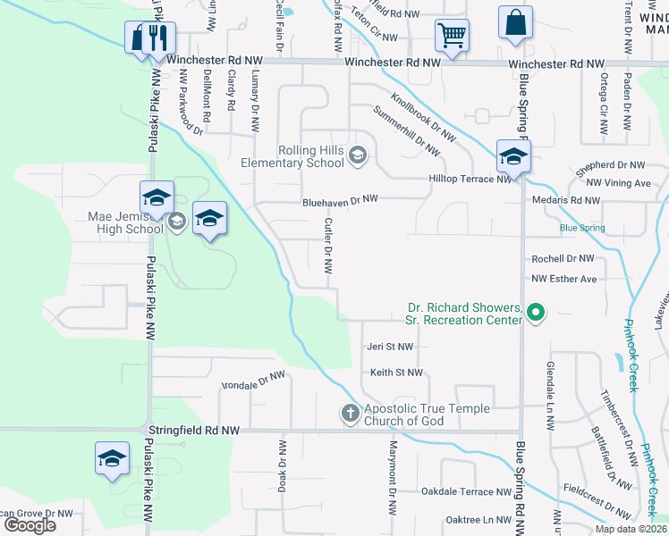 map of restaurants, bars, coffee shops, grocery stores, and more near 4800 Cutler Drive Northwest in Huntsville