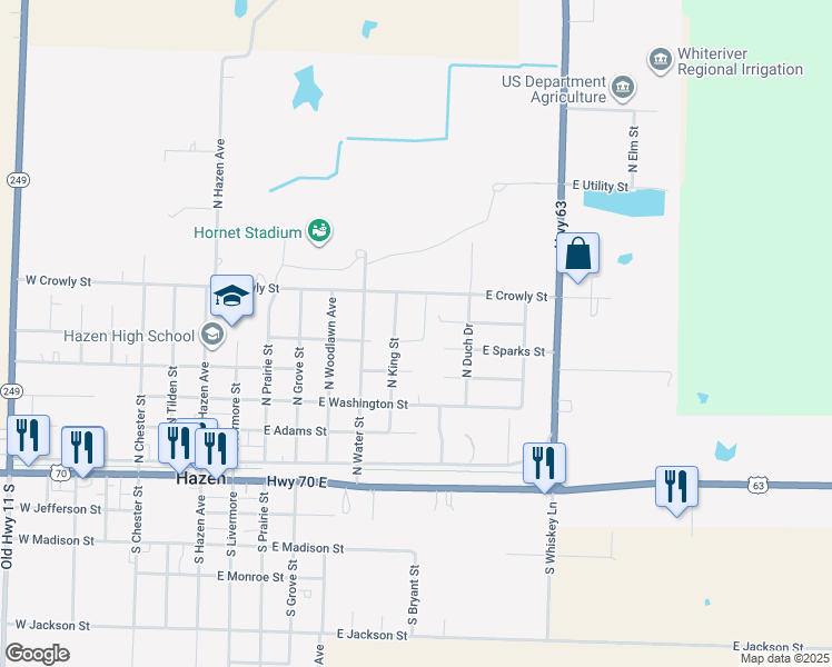 map of restaurants, bars, coffee shops, grocery stores, and more near 501 West King Street in Hazen