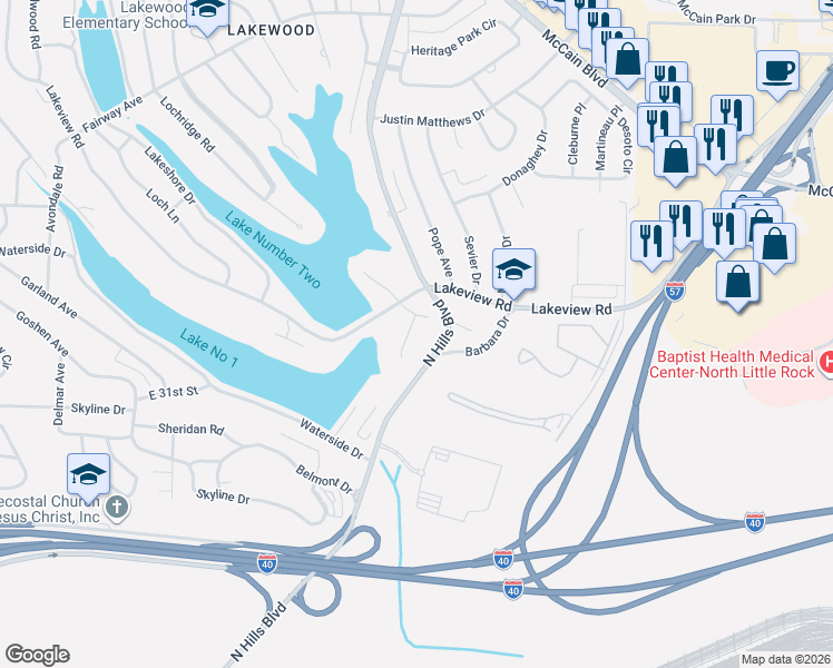 map of restaurants, bars, coffee shops, grocery stores, and more near 12 Belair in North Little Rock