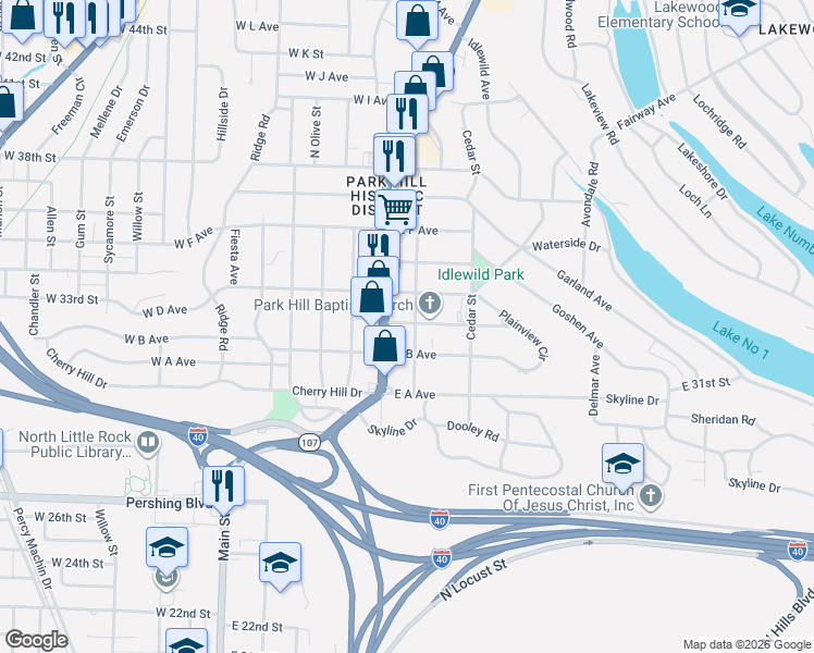 map of restaurants, bars, coffee shops, grocery stores, and more near 204 East C Avenue in North Little Rock