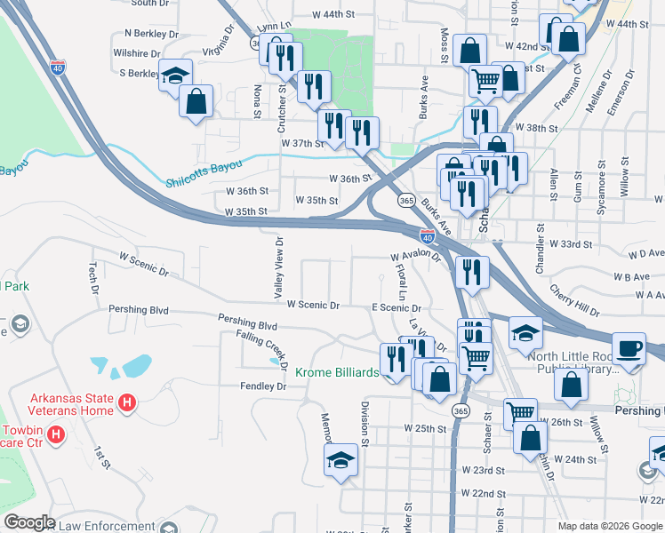 map of restaurants, bars, coffee shops, grocery stores, and more near 22 Farvu Court in North Little Rock