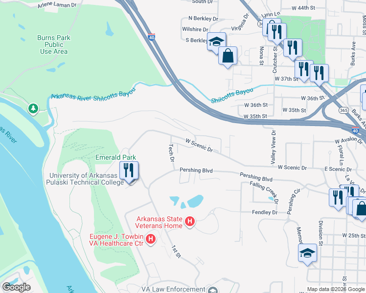 map of restaurants, bars, coffee shops, grocery stores, and more near 970 West Scenic Drive in North Little Rock