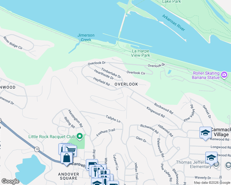map of restaurants, bars, coffee shops, grocery stores, and more near 11 Overlook Drive in Little Rock