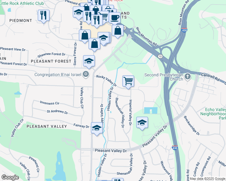 map of restaurants, bars, coffee shops, grocery stores, and more near 11225 Rocky Valley Drive in Little Rock