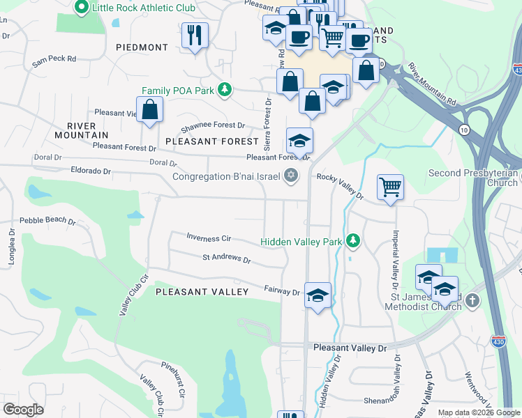 map of restaurants, bars, coffee shops, grocery stores, and more near 152 Valley Club Circle in Little Rock