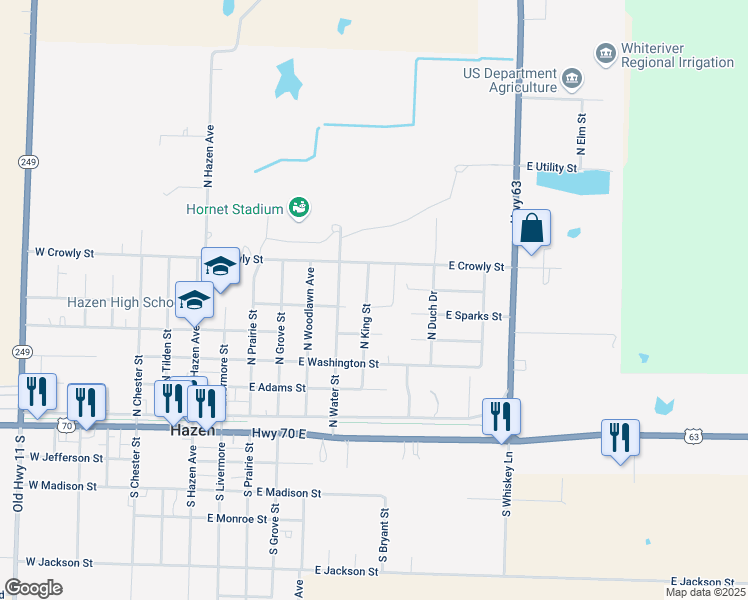 map of restaurants, bars, coffee shops, grocery stores, and more near 501 West King Street in Hazen