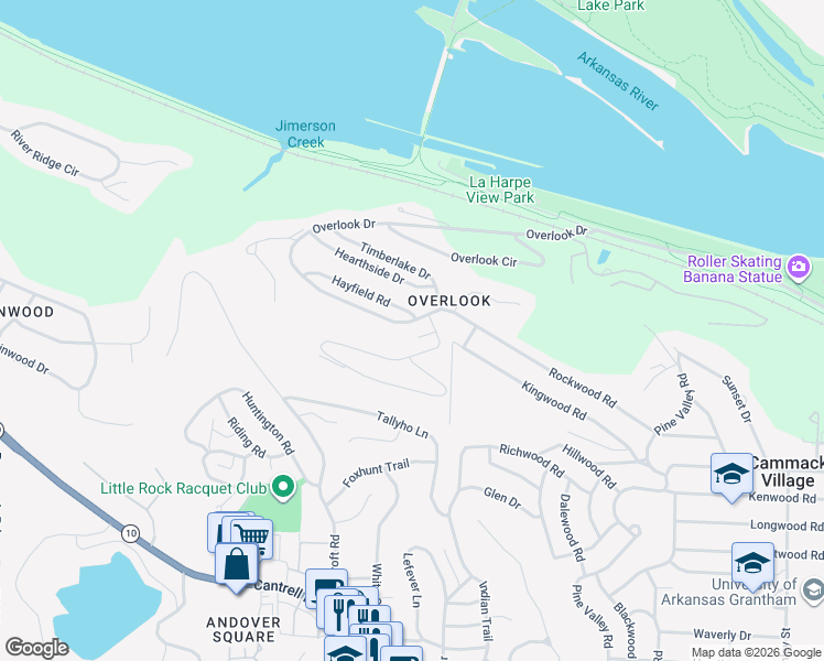 map of restaurants, bars, coffee shops, grocery stores, and more near 11 Overlook Drive in Little Rock