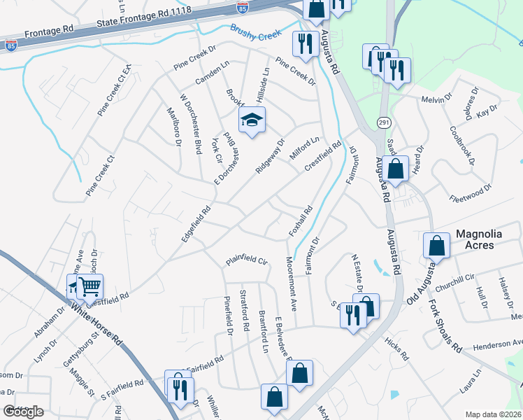 map of restaurants, bars, coffee shops, grocery stores, and more near 305 Crestfield Road in Greenville